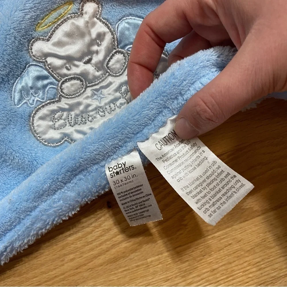 Baby Starters Blue Baby Blanket Bless Our Baby Angel Bear 30x30